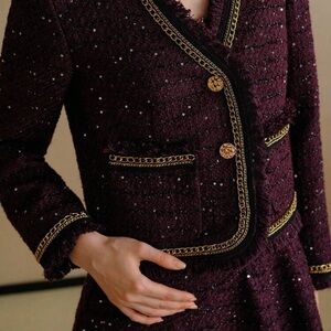 MOTF Burgundy Tweed Blazer with Gold Details